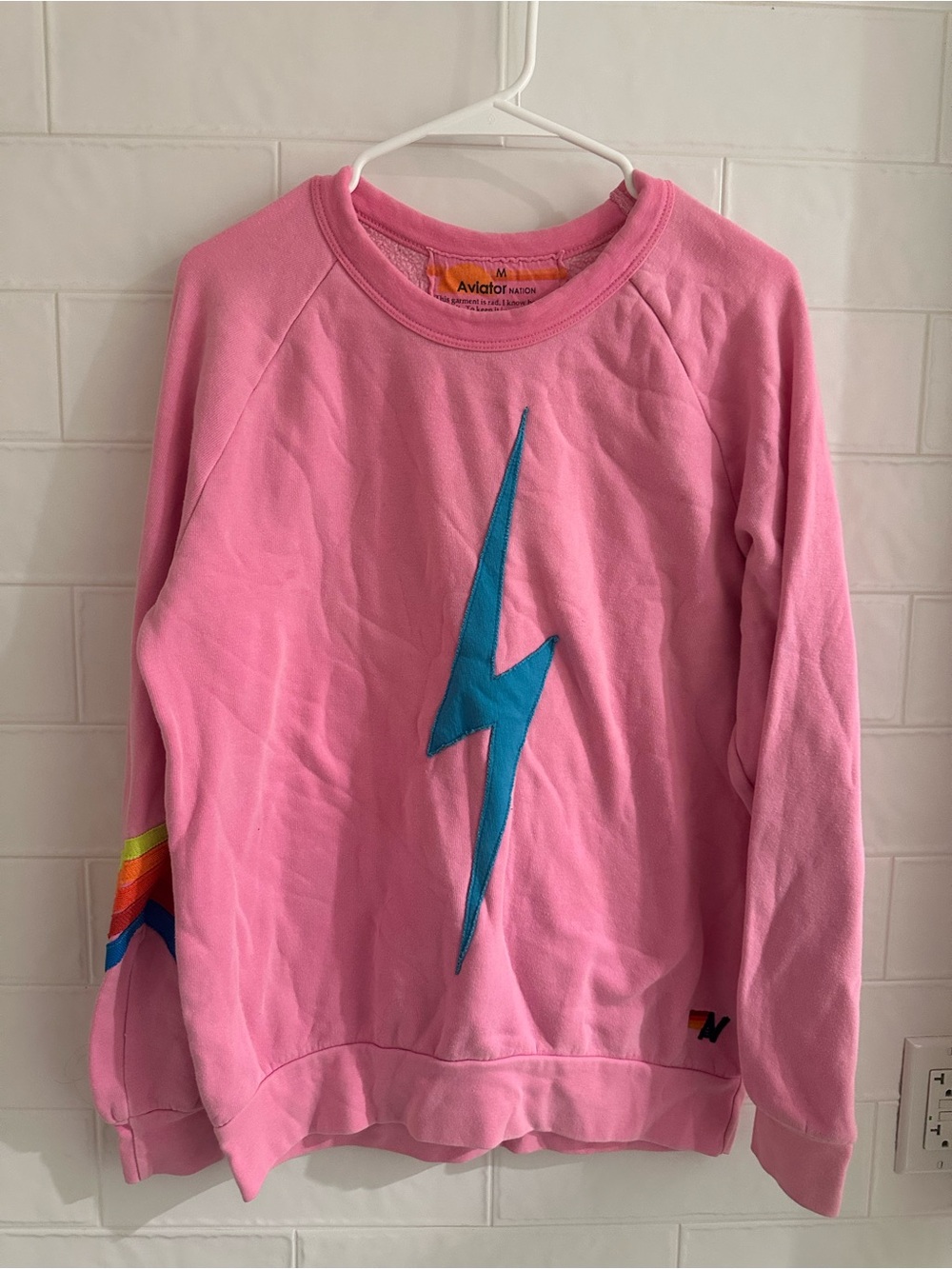 Aviator Nation Lightning Bolt Pink Chevron 5 Stripe Crew Sweatshirt Size Medium